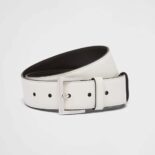 Prada Women Leather Belt with Enameled-Metal Triangle Logo-White