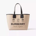 Burberry Women Label Print Cotton and Leather Large London Tote Bag