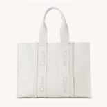 Chloe Women Large Woody Tote Bag with Embroidered Chloé Logo-White