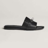 Hermes Women Giulia Sandal in Calfskin with Iconic Palladium-Plated Kelly Buckle-Black