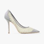 Jimmy Choo Women Love 100 Metallic Silver Glitter Fabric Pumps with Ivory Tulle Overlay