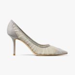 Jimmy Choo Women Love 85 Metallic Silver Glitter Fabric Pumps with Ivory Tulle Overlay