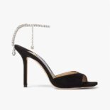 Jimmy Choo Women Saeda Sandal 100 Black Suede Sandals with Crystal Embellishment