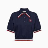 Miu Miu Women Cropped Silk and Cotton Polo Shirt-Navy