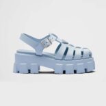 Prada Women Foam Rubber Sandals with Enameled Metal Triangle Logo-Blue