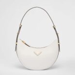 Prada Women Leather Shoulder Bag with Enameled Metal Triangle Logo-White