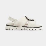 Roger Vivier Women Viv' Winter Fur Strass Buckle Sandals in Sheepskin-White