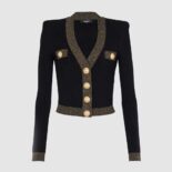 Balmain Women Cropped Knit Cardigan with Gold Trim