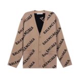 Balenciaga Women Mini Allover Logo Cardigan in Beige and Black Cotton Knit