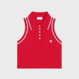 Celine Women Triomphe Cropped Polo Shirt in Cotton Piqué-Red