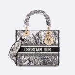 Dior Women Medium Lady D-lite Bag White and Black Toile de Jouy Voyage Embroidery