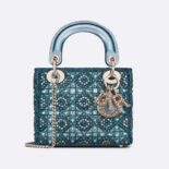 Dior Women Small Lady Dior Bag Metallic Calfskin and Satin with Celestial Blue Bead Embroidery
