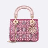 Dior Women Small Lady Dior Bag Metallic Calfskin and Satin with Rose Des Vents Resin Pearl Embroidery