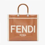 Fendi Women Sunshine Medium Canvas and Brown Patent Leather Shopper Bag