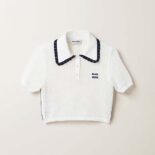 Miu Miu Women Knit Cotton Polo Shirt with Intarsia Logo-White
