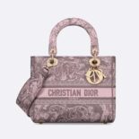 Dior Women Medium Lady D-lite Bag Gray and Pink Toile de Jouy Reverse Embroidery