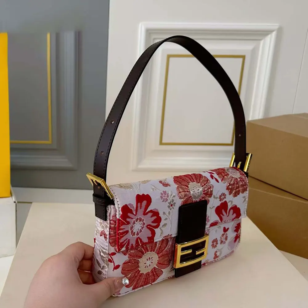 Fendi Women Baguette Canvas Bag with Coral Bandana Embroidery