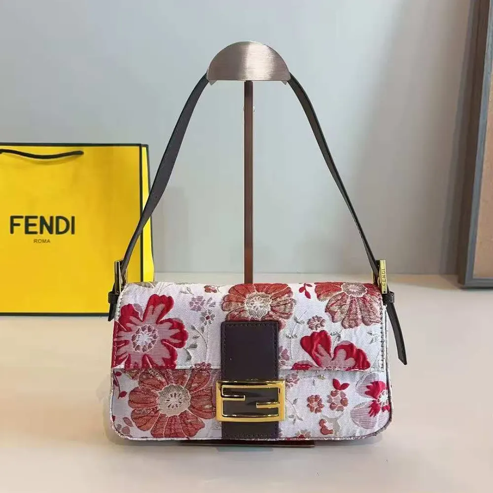 Fendi Women Baguette Canvas Bag with Coral Bandana Embroidery